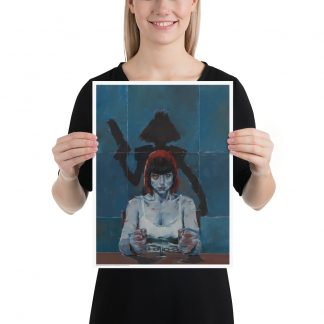 A4 poster showing Durham Red, bloodied and handcuffed to a table by her wrists. Behind her is her own silhouette from the original art and the whole pieces appears to be printed on a many folded piece of paper