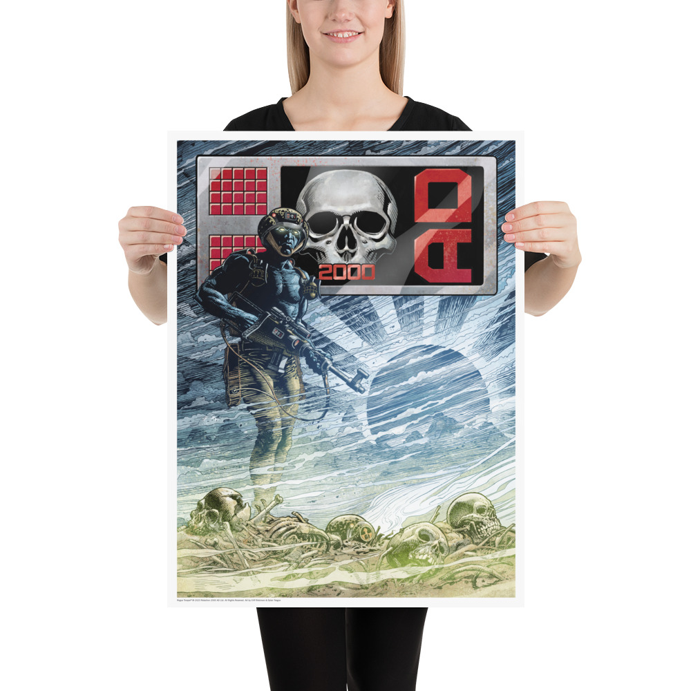 A3 Poster showing ROGUE TROOPER, rifle at the ready, standing over a desolate wasteland of broken skulls and bones. in the background misty mountains and the sun (moon?) can be seen. Above all is a large Chrome Skull in a border with '2000 AD'