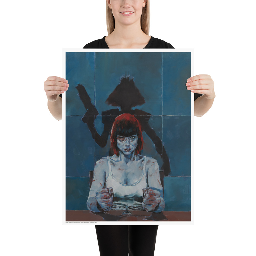 A3 poster showing Durham Red, bloodied and handcuffed to a table by her wrists. Behind her is her own silhouette from the original art and the whole pieces appears to be printed on a many folded piece of paper