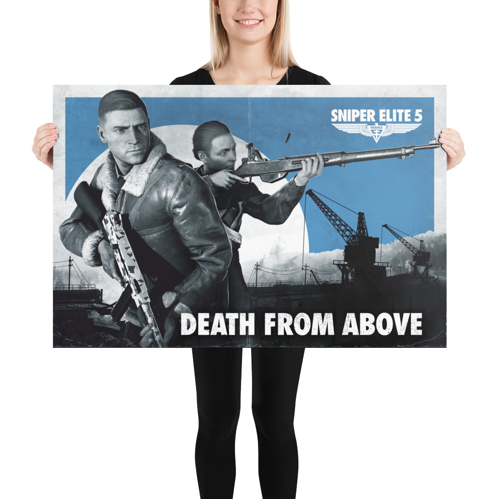 Sniper Elite 5 poster, Carl Fairburn and a resistance member ready firearms in front of a full moon on blue background. the silhouettes of navel yard cranes are visible and below everything are the words 'DEATH FROM ABOVE' in white caps.