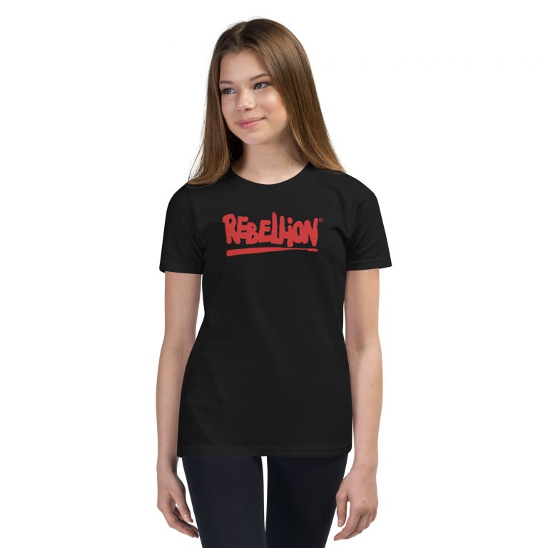 black short sleeved 'youth' Tshirt with the Rebellion Logo across the front in red