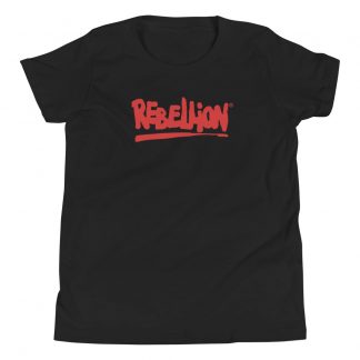 Black short sleeved Tshirt with the Rebellion Logo across the front in red