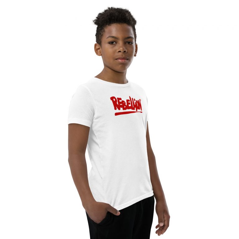 White short sleeved 'youth' Tshirt with the Rebellion Logo across the front in red