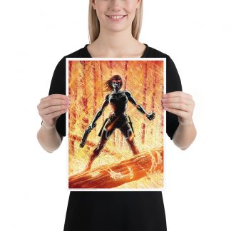 Model holding poster showing Durham Red wielding a pistol and with eyes glowing bright red as around her a forest burns