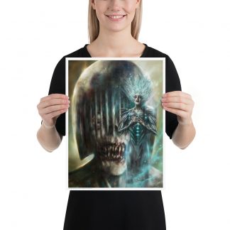 Model holding a poster showing Judge deaths face behind a Banshee appearing woman with clawed fingers interlocked