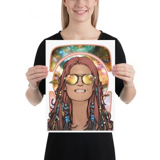 Model holding up a poster showing Cyd from The Out, a beautiful galaxy is behind her head and reflected in her aviator sunglasses. Hair has many tassels and braids and sci fi ships float around her head.