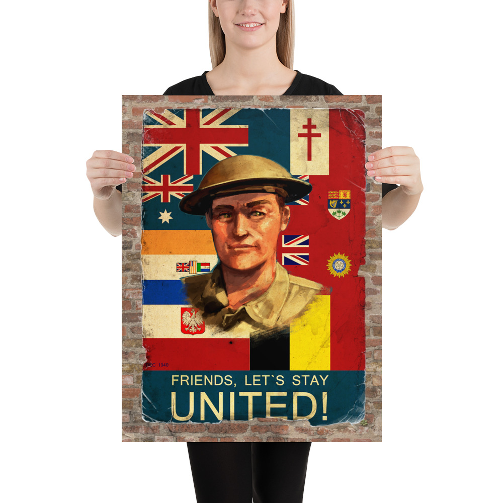 Model holding a poster showing a Tommy before a patchwork of allied flags with the text 