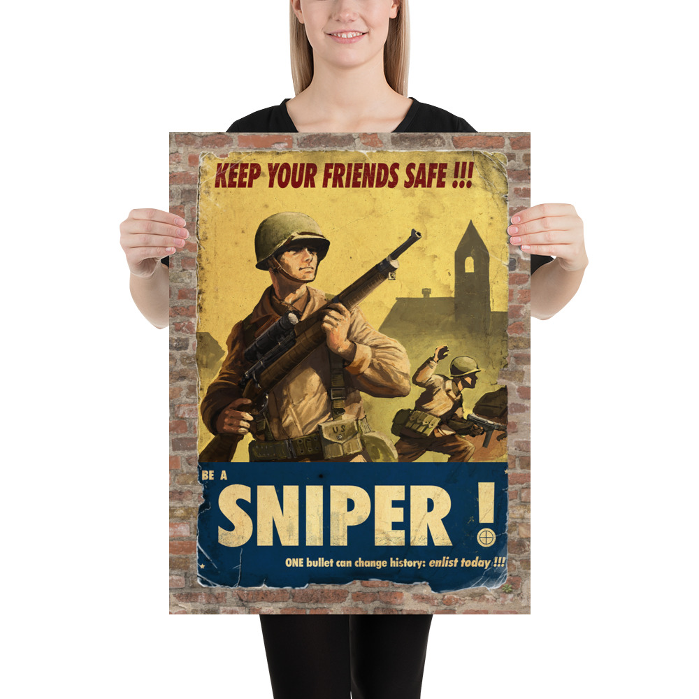 A model holds a poster in which soldiers advance through a town and above are the worlds 