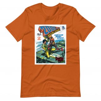 Orange Tshirt with an image on the chest. Image is cover of 2000 AD prog 184 and shows Strontium Dog battling a mark