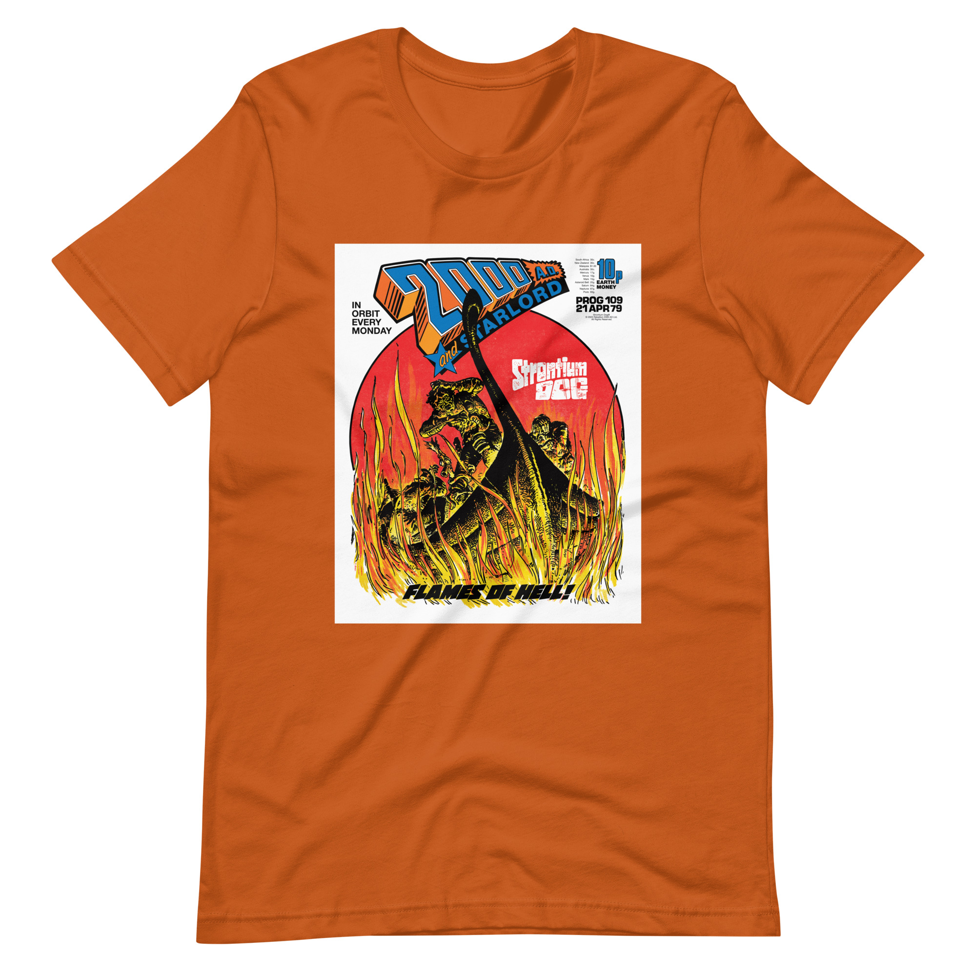 Orange Tshirt with an image on the chest. Image is cover of 2000 AD Prog 109 and shows a viking ship wreathed in flames