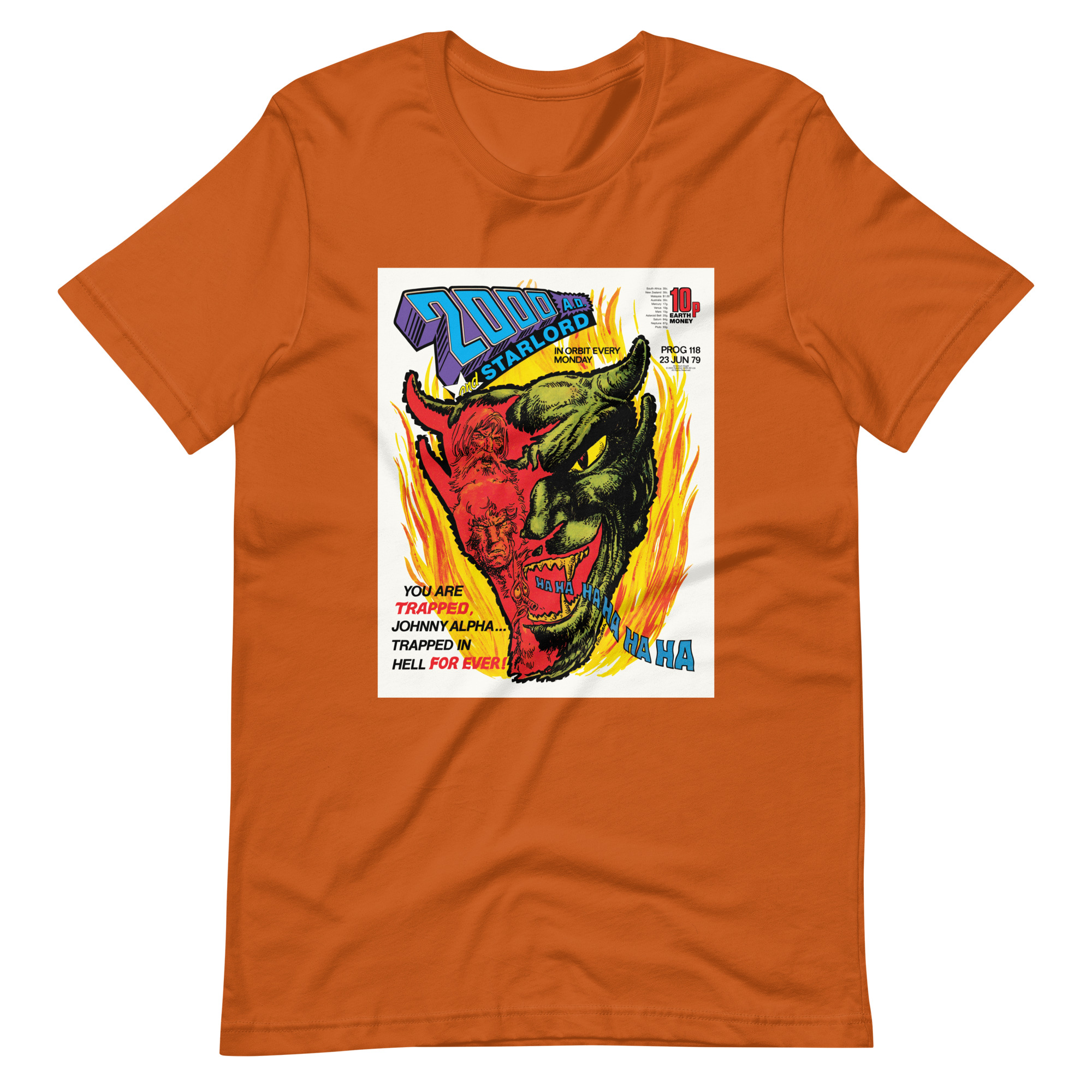 Rust Orange Tshirt with an image on the chest. Image is cover of 2000 AD prog 118 and depicts a laughing Devil face in flames
