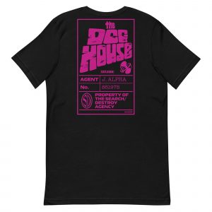 Rear of black Tshirt with in Pink 