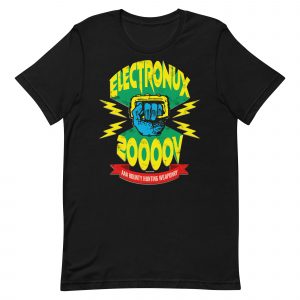 Black Tshirt with a design of Johnny Alpha's elctroknuckles and the words 