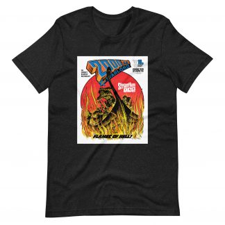 Charcoal gray Tshirt with an image on the chest. Image is cover of 2000 AD Prog 109 and shows a viking ship wreathed in flames