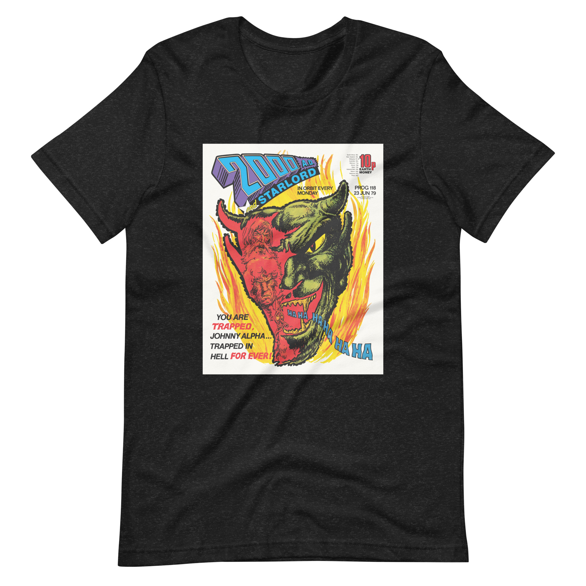 Charcoal Gray Tshirt with an image on the chest. Image is cover of 2000 AD prog 118 and depicts a laughing Devil face in flames