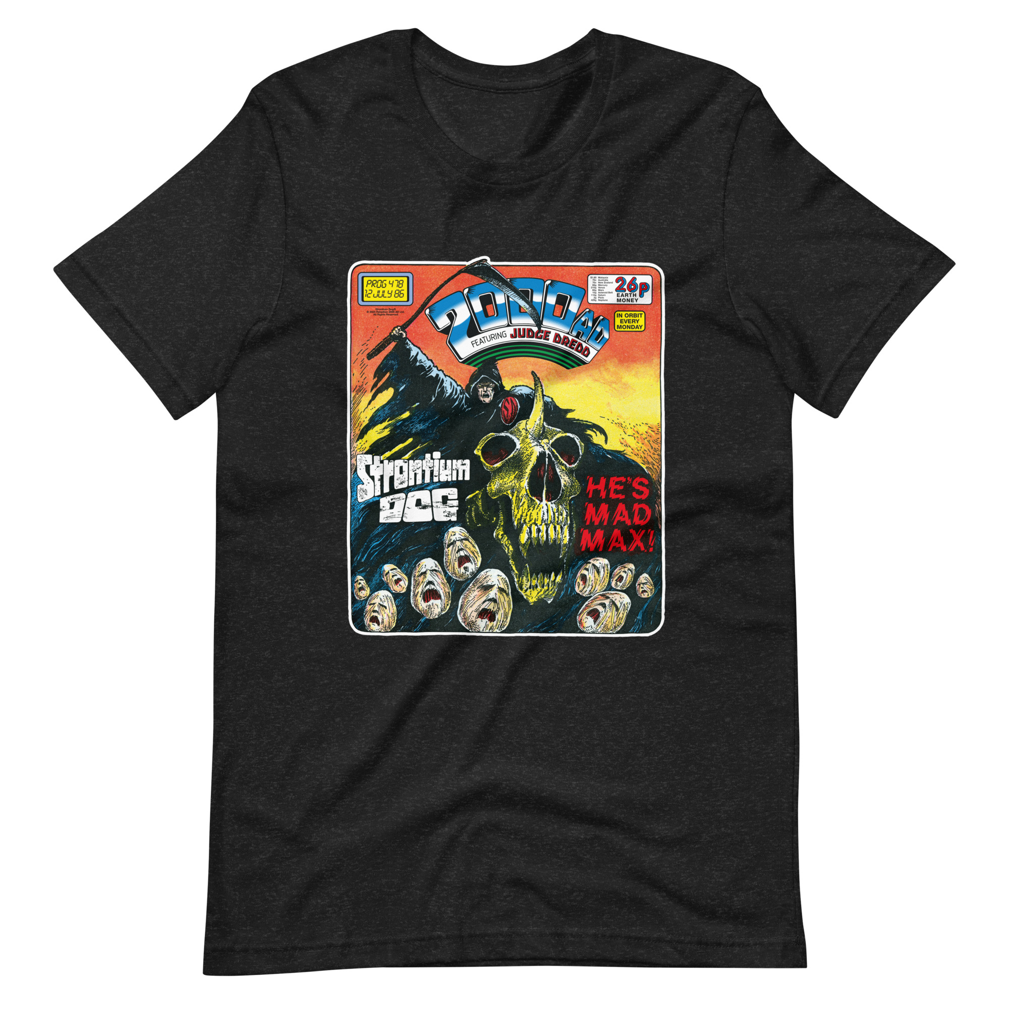Charcoal grey Tshirt with an image on the chest. Image is cover of 2000 AD Prog 478 and depicts a man in a black hood, ragged cape and atop at horned skeleton beast while holding aloft a scythe above a sea of tormented faces! Metal.