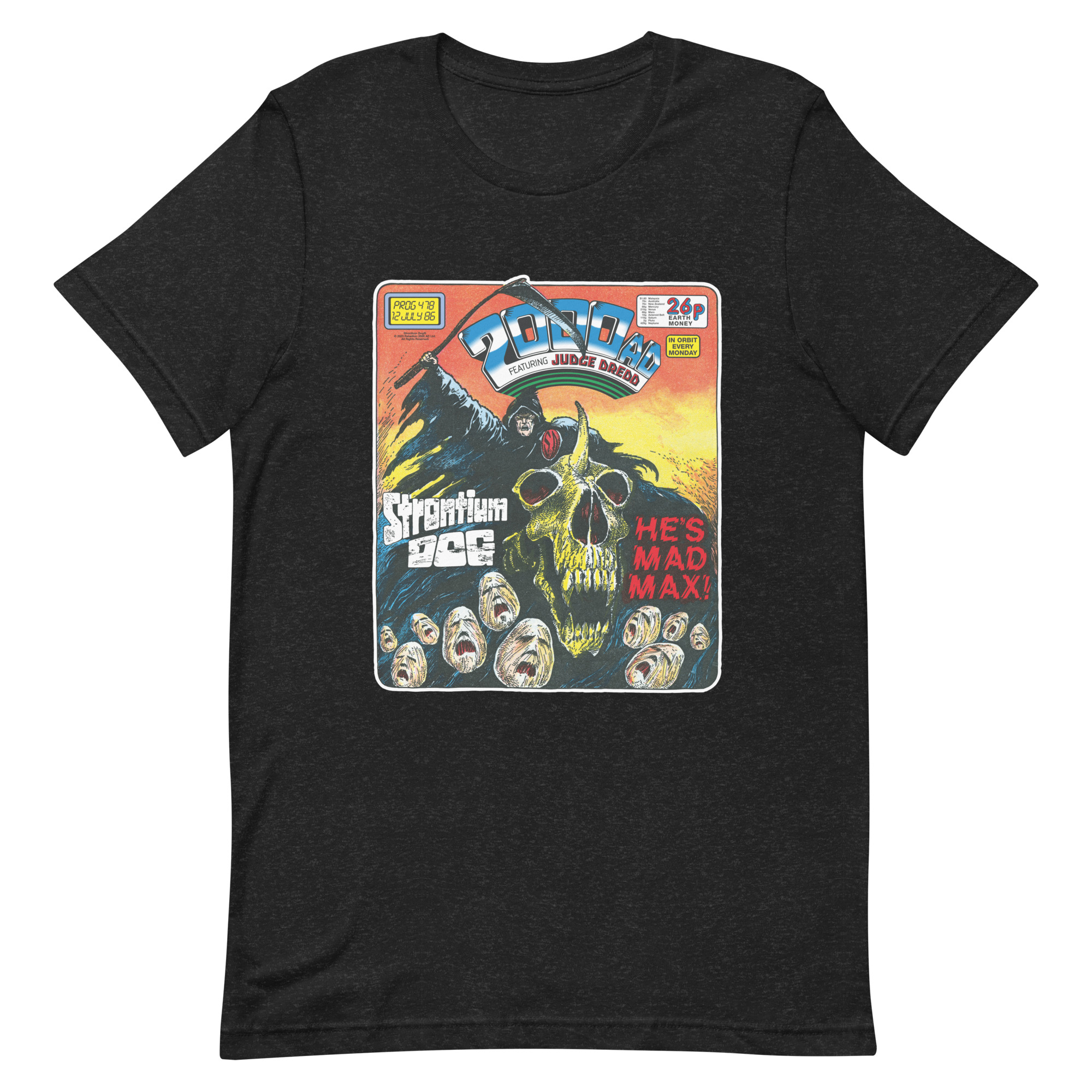 Black Tshirt with an image on the chest. Image is cover of 2000 AD Prog 478 and depicts a man in a black hood, ragged cape and atop at horned skeleton beast while holding aloft a scythe above a sea of tormented faces! Metal.