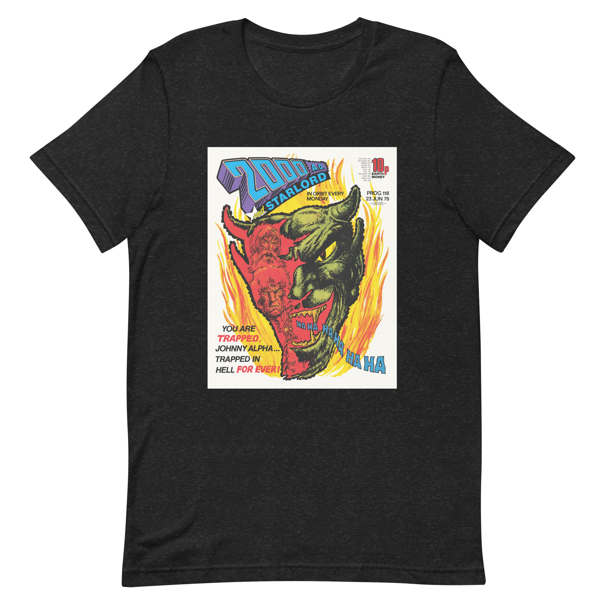 Black Tshirt with an image on the chest. Image is cover of 2000 AD prog 118 and depicts a laughing Devil face in flames
