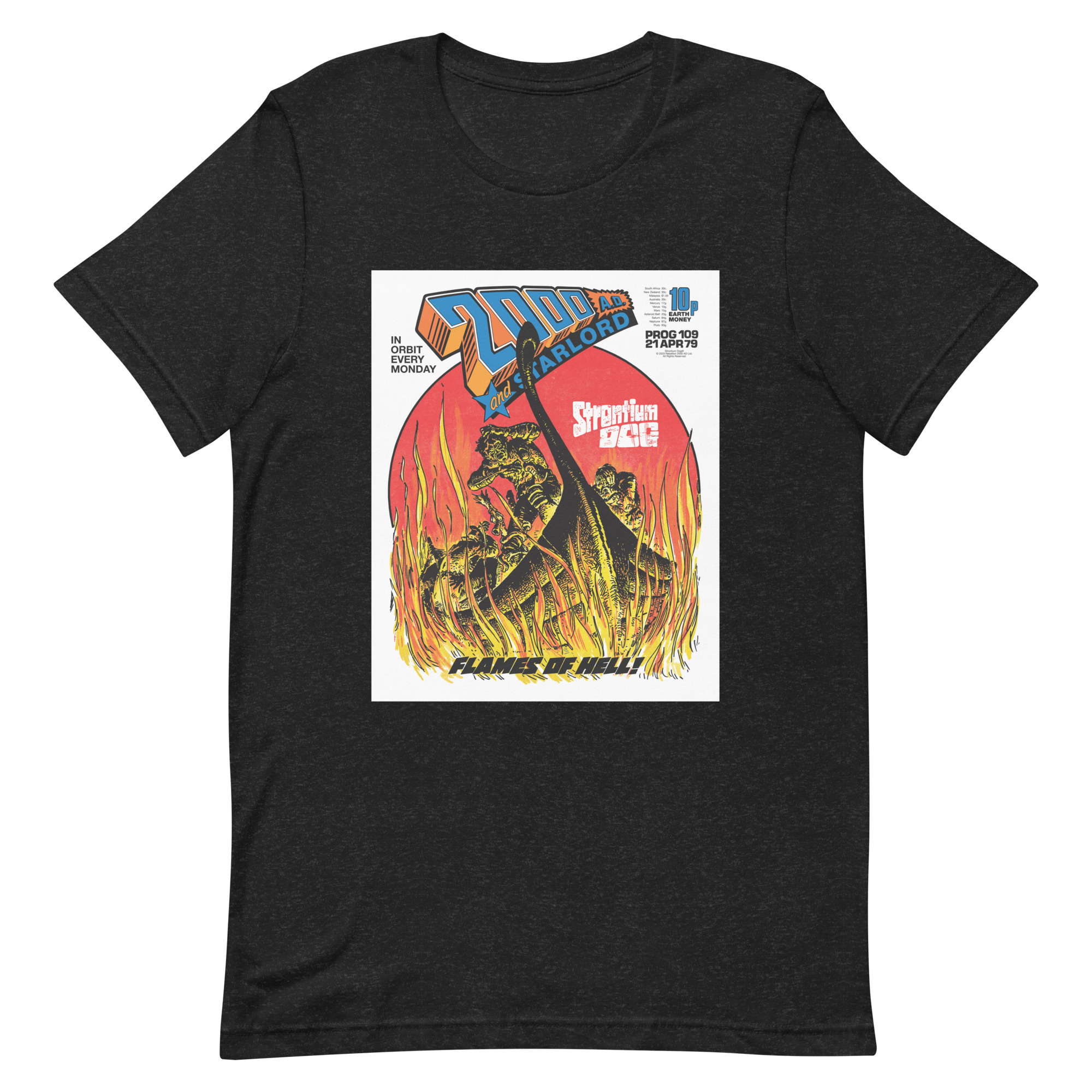 Black Tshirt with an image on the chest. Image is cover of 2000 AD Prog 109 and shows a viking ship wreathed in flames