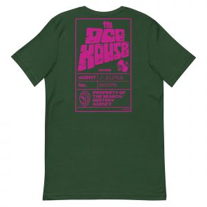 Rear of green Tshirt with in Pink 