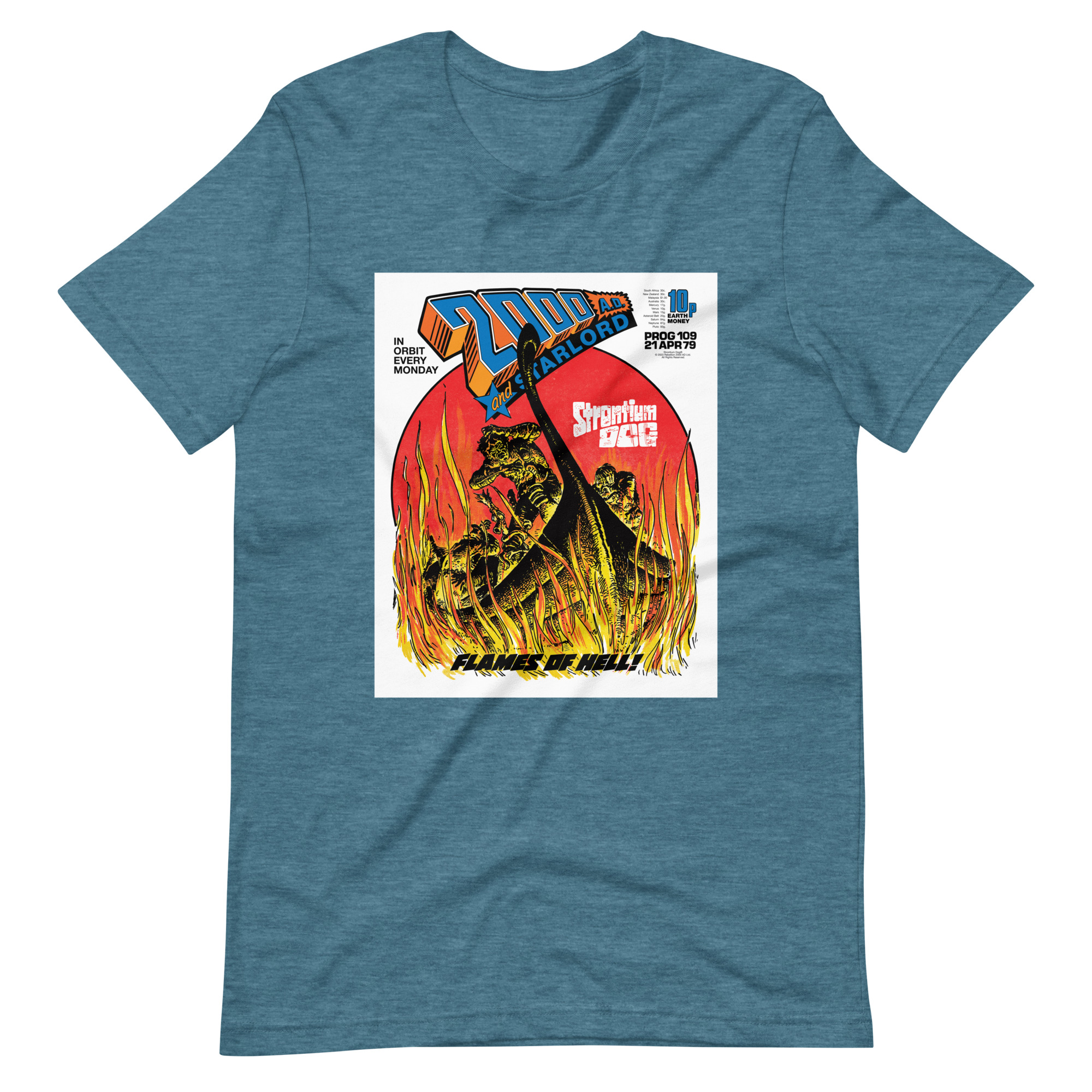 Teal Tshirt with an image on the chest. Image is cover of 2000 AD Prog 109 and shows a viking ship wreathed in flames