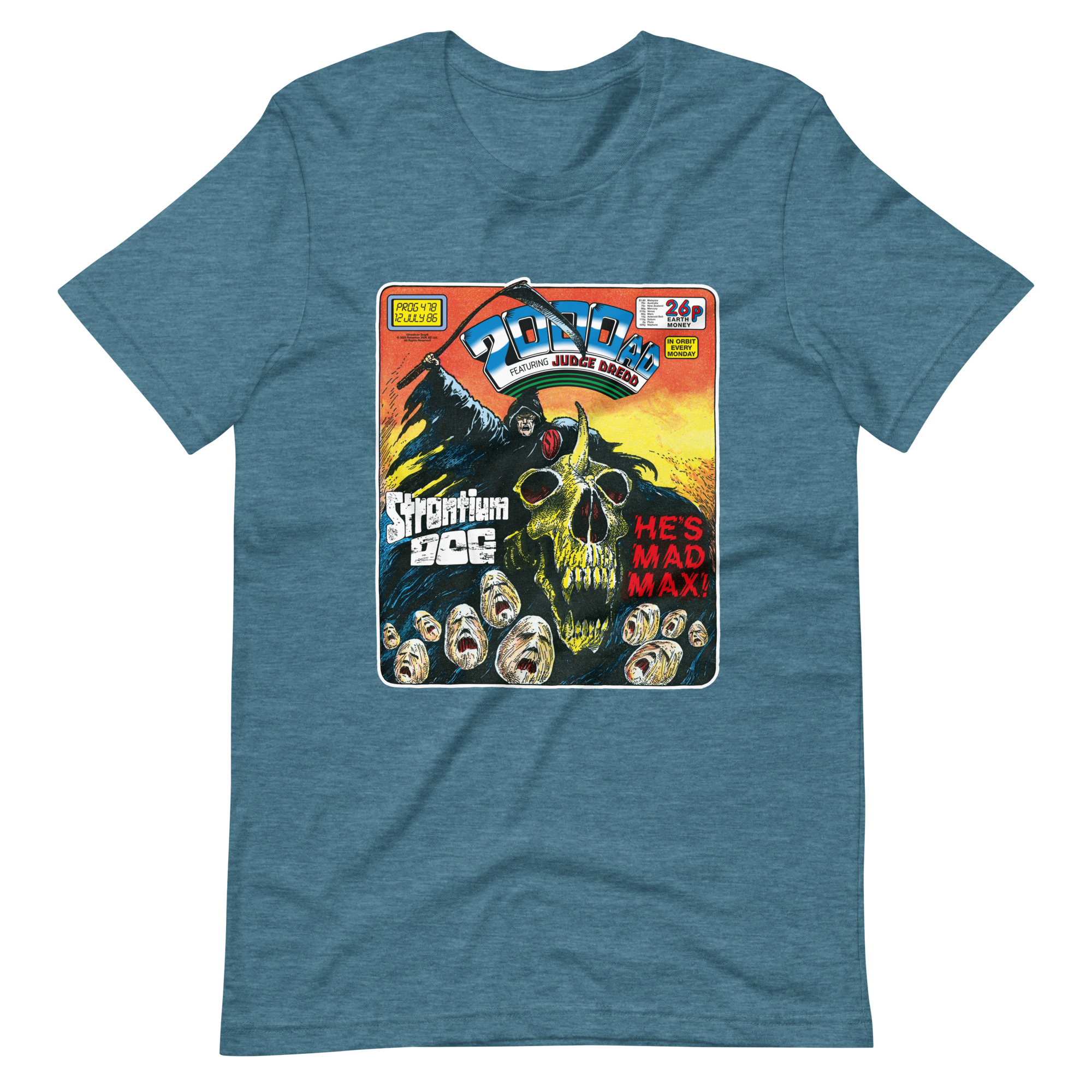 Teal Tshirt with an image on the chest. Image is cover of 2000 AD Prog 478 and depicts a man in a black hood, ragged cape and atop at horned skeleton beast while holding aloft a scythe above a sea of tormented faces! Metal.