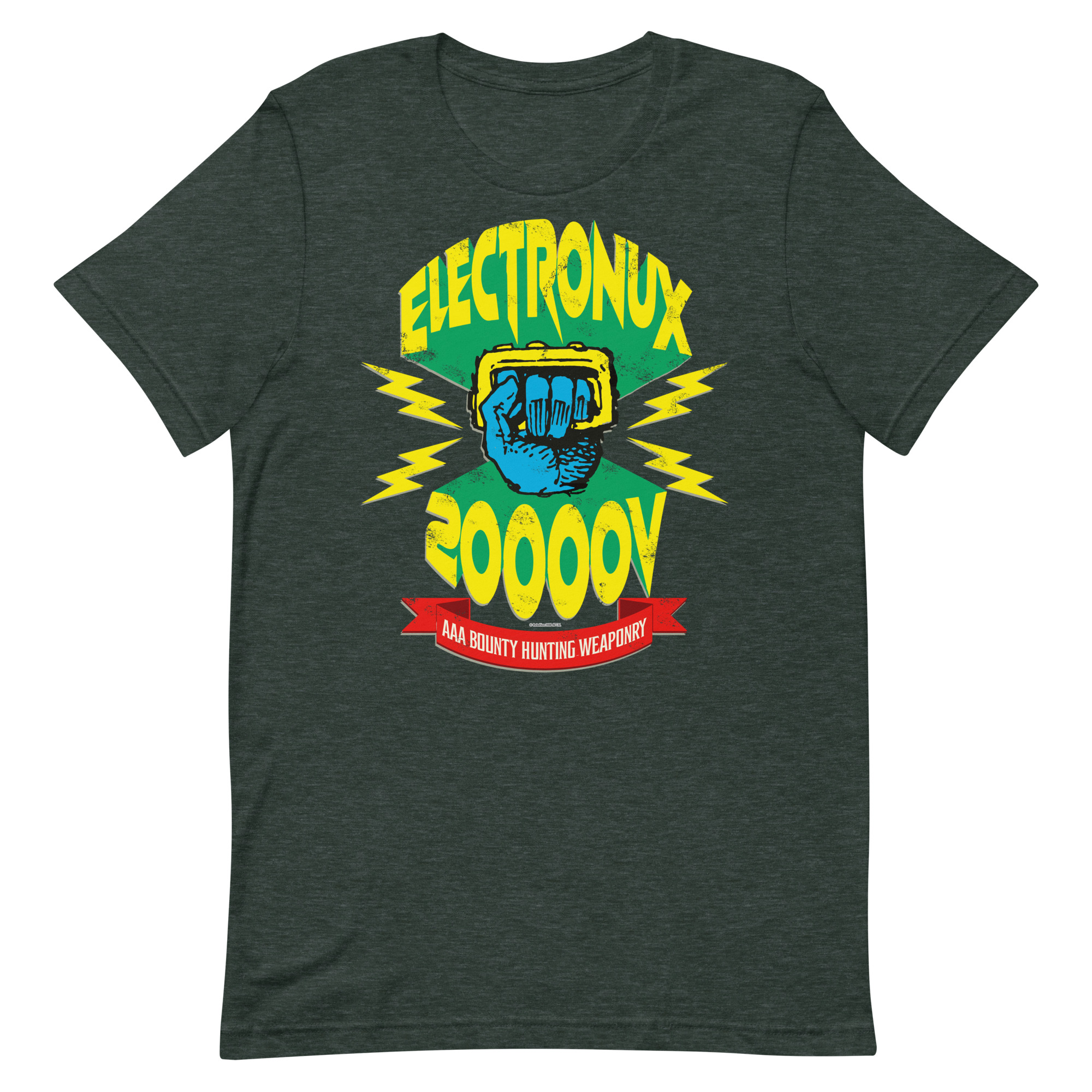 Green Tshirt with a design of Johnny Alpha's elctroknuckles and the words 