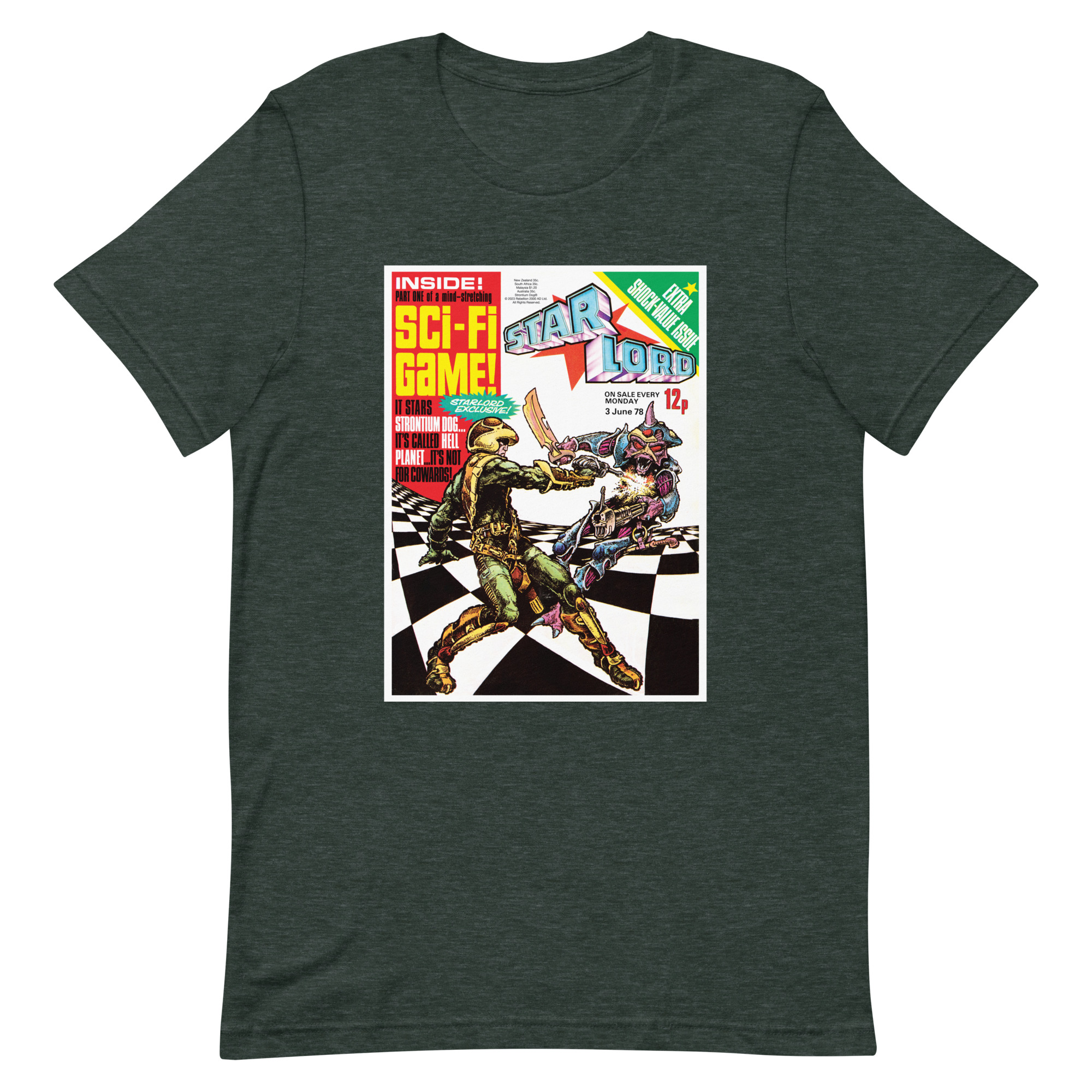 Green Tshirt depicting the cover of STARLORD from June '78, in which Johnny Alpha & an alien warrior battle it out over a chessboard pattern.
