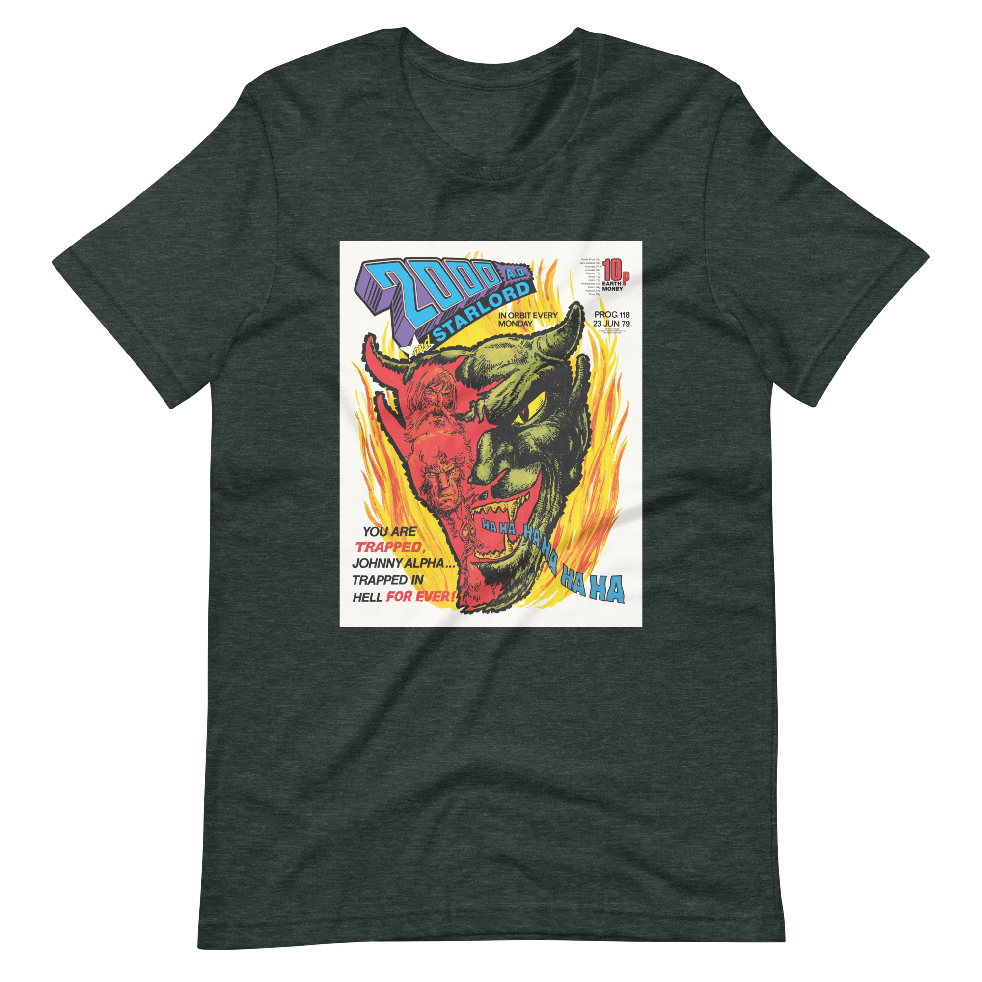 Textured Green Tshirt with an image on the chest. Image is cover of 2000 AD prog 118 and depicts a laughing Devil face in flames
