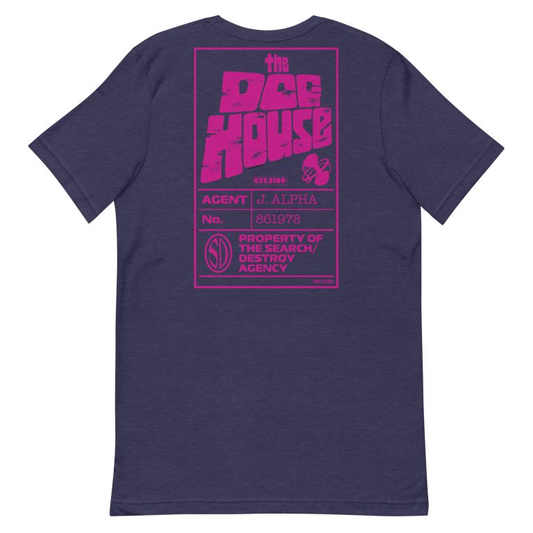 Rear of purple Tshirt with in Pink 