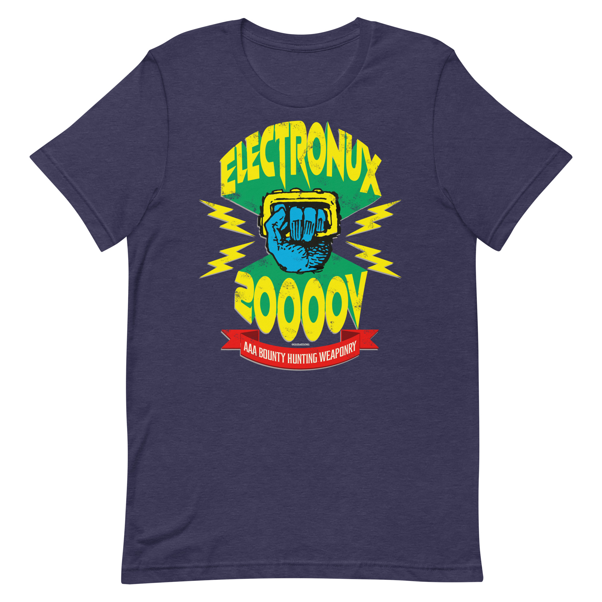 Purple Tshirt with a design of Johnny Alpha's elctroknuckles and the words 