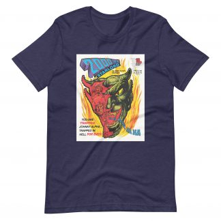 Purple Tshirt with an image on the chest. Image is cover of 2000 AD prog 118 and depicts a laughing Devil face in flames