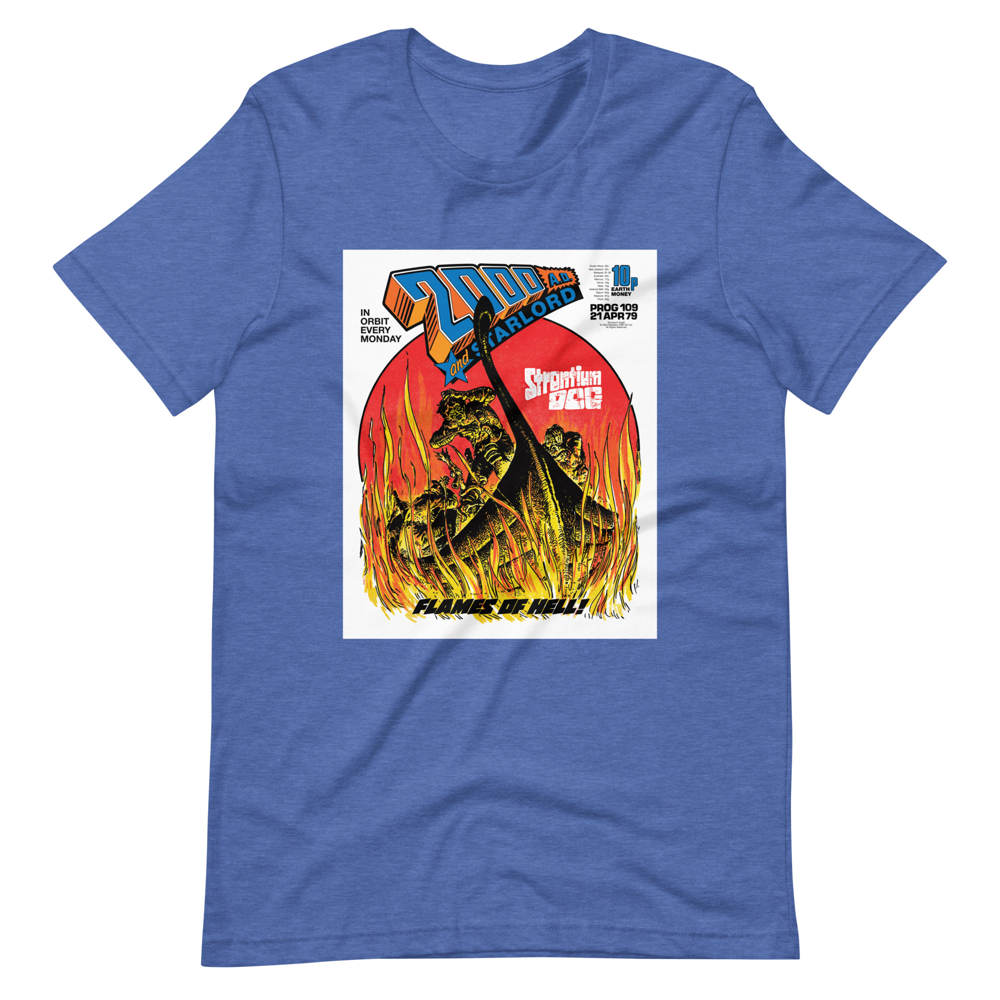 Blue Tshirt with an image on the chest. Image is cover of 2000 AD Prog 109 and shows a viking ship wreathed in flames