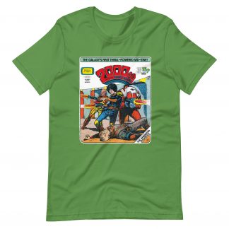 Lime green Tshirt with an image on the chest. Image is cover of 2000 AD prog 218 and shows Strontium Dog and his allies, guns blazing