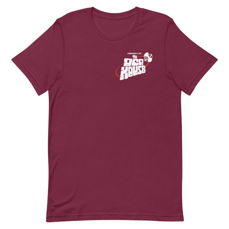 Maroon Tshirt with over the left breast the words 