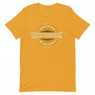 Golden yellow Tshirt with a logo that reads "VARIABLE CARTRIDGE WESTINGHOUSE BLASTERS"