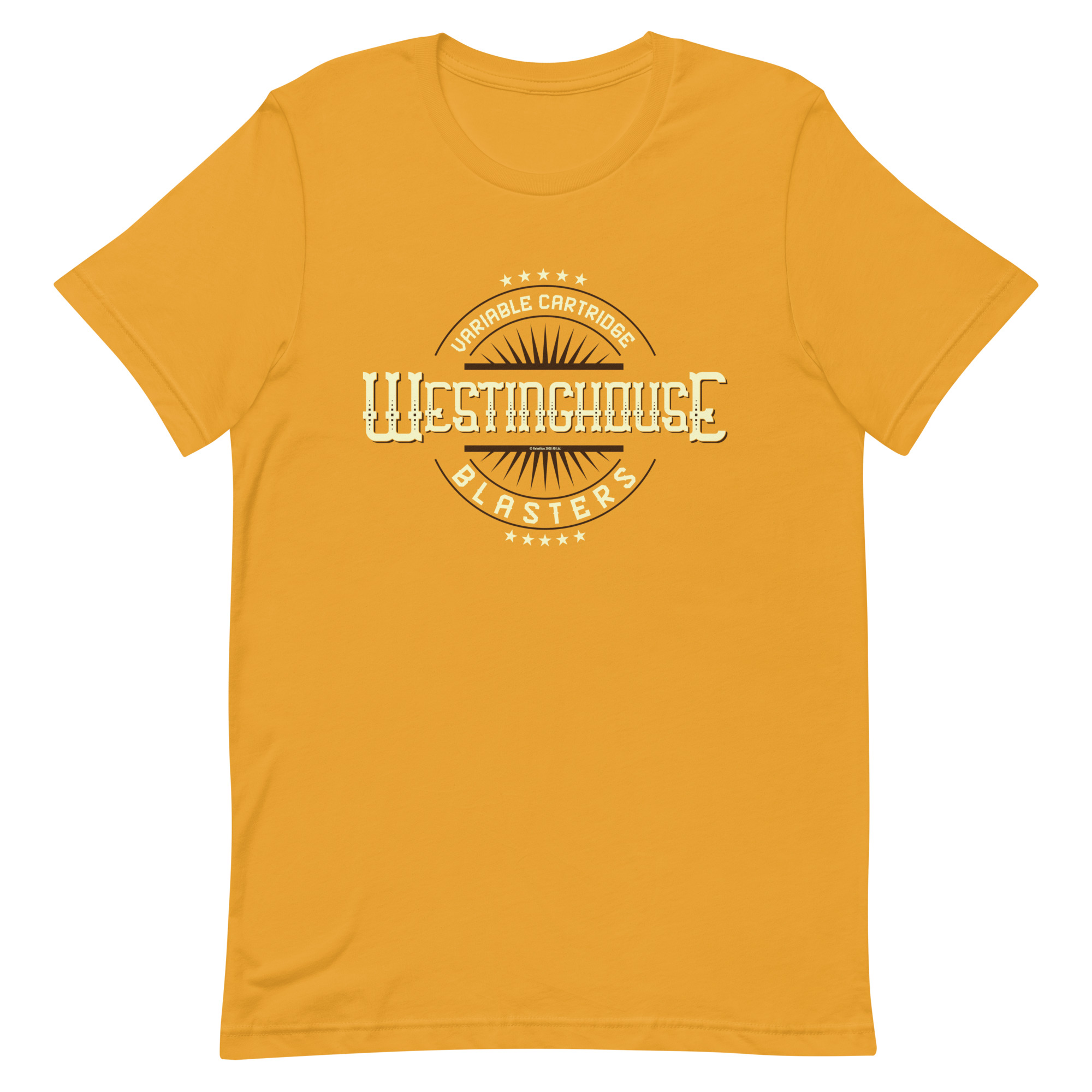 Golden yellow Tshirt with a logo that reads 