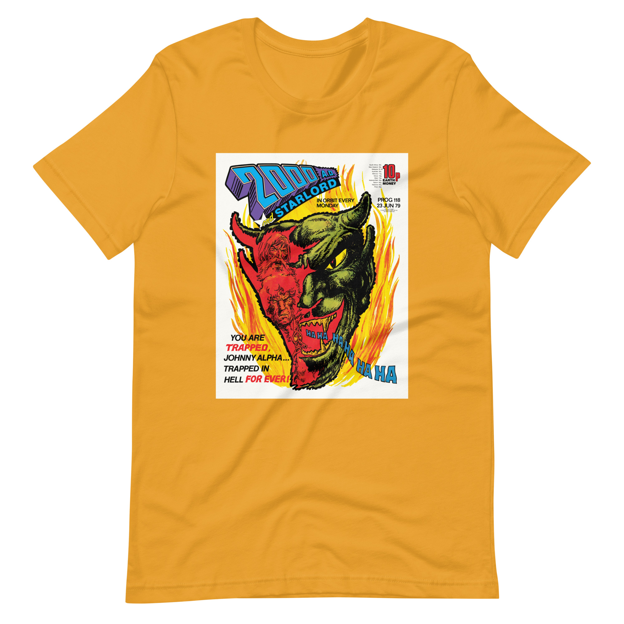 Orange Tshirt with an image on the chest. Image is cover of 2000 AD prog 118 and depicts a laughing Devil face in flames