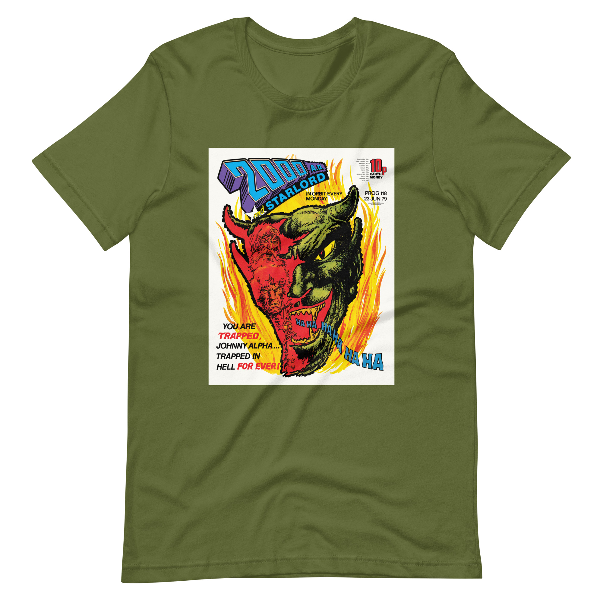 Olive Green Tshirt with an image on the chest. Image is cover of 2000 AD prog 118 and depicts a laughing Devil face in flames