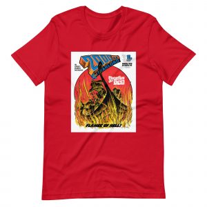 Red Tshirt with an image on the chest. Image is cover of 2000 AD Prog 109 and shows a viking ship wreathed in flames