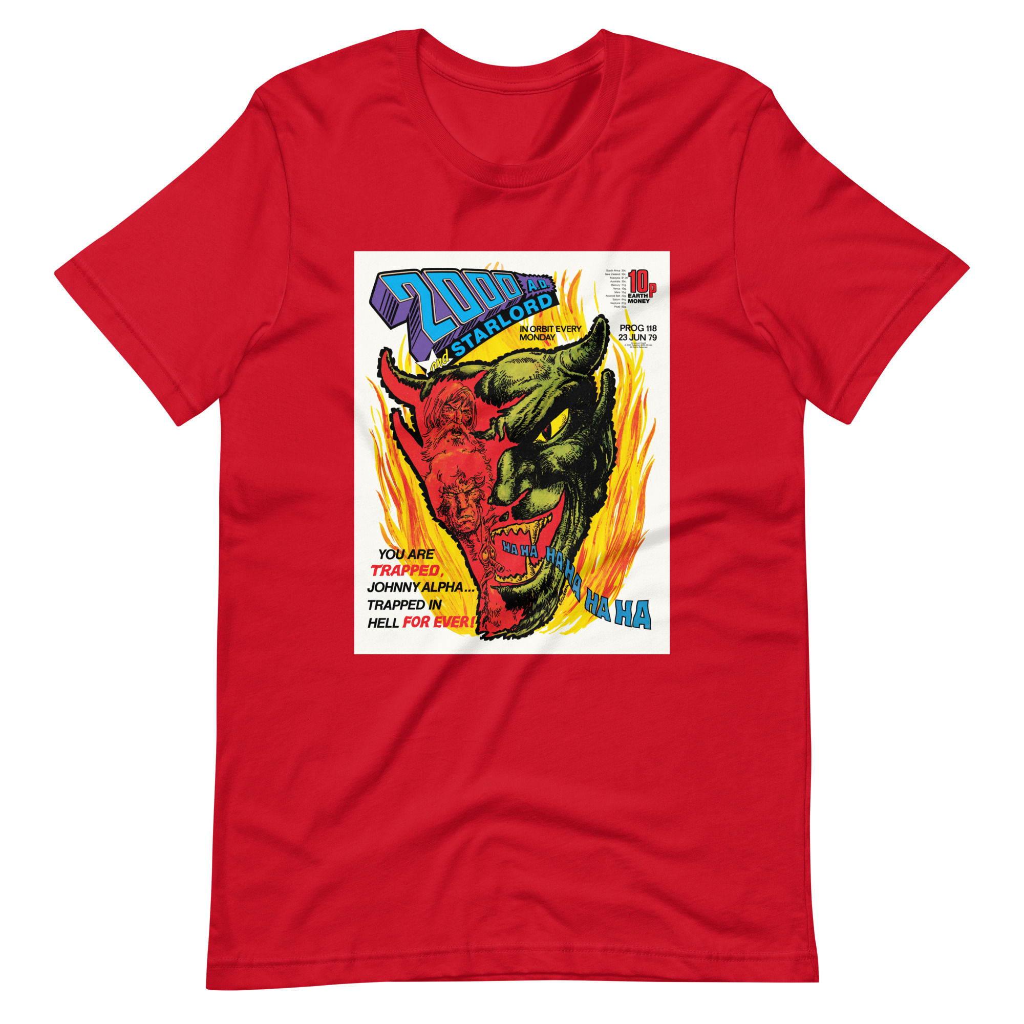 Red Tshirt with an image on the chest. Image is cover of 2000 AD prog 118 and depicts a laughing Devil face in flames