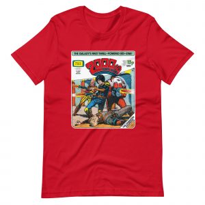 Red Tshirt with an image on the chest. Image is cover of 2000 AD prog 218 and shows Strontium Dog and his allies, guns blazing
