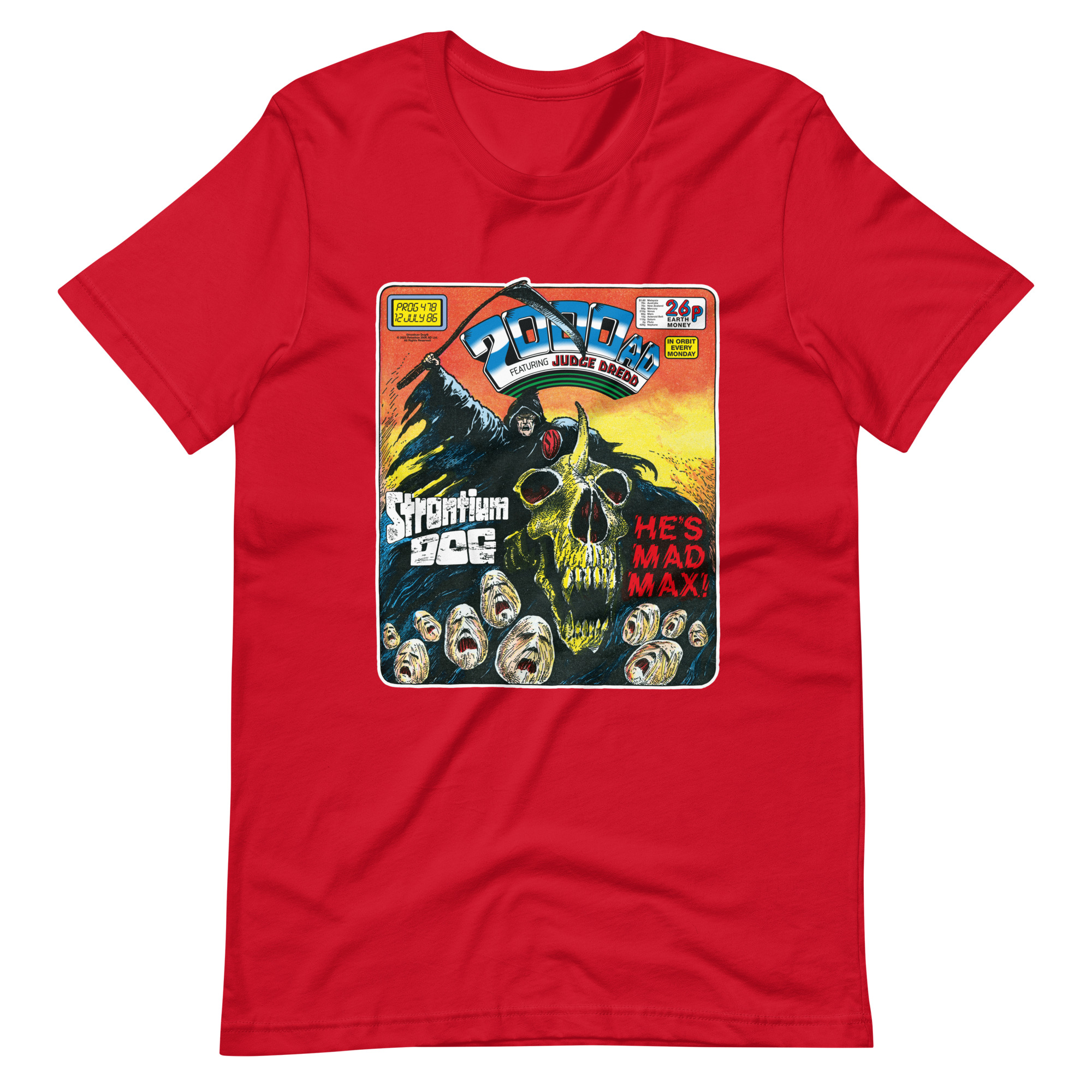 Red Tshirt with an image on the chest. Image is cover of 2000 AD Prog 478 and depicts a man in a black hood, ragged cape and atop at horned skeleton beast while holding aloft a scythe above a sea of tormented faces! Metal.