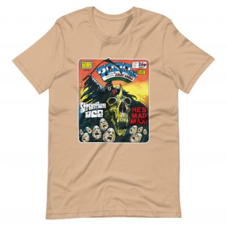 Tan Tshirt with an image on the chest. Image is cover of 2000 AD Prog 478 and depicts a man in a black hood, ragged cape and atop at horned skeleton beast while holding aloft a scythe above a sea of tormented faces! Metal.