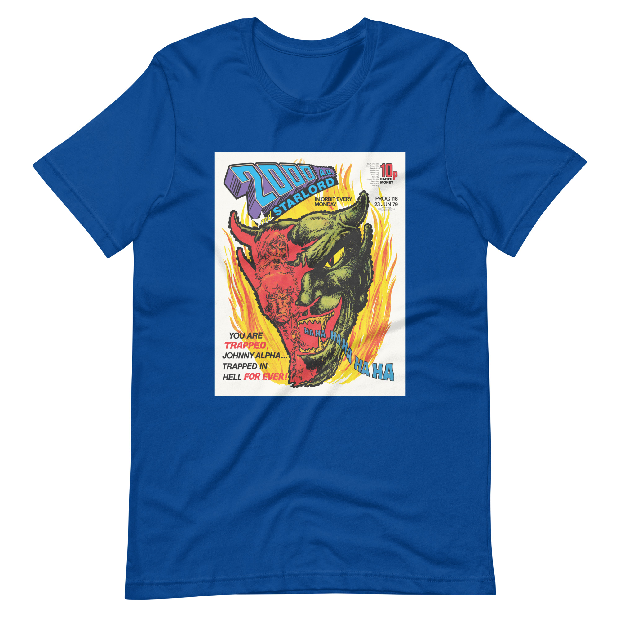 Royal Blue Tshirt with an image on the chest. Image is cover of 2000 AD prog 118 and depicts a laughing Devil face in flames