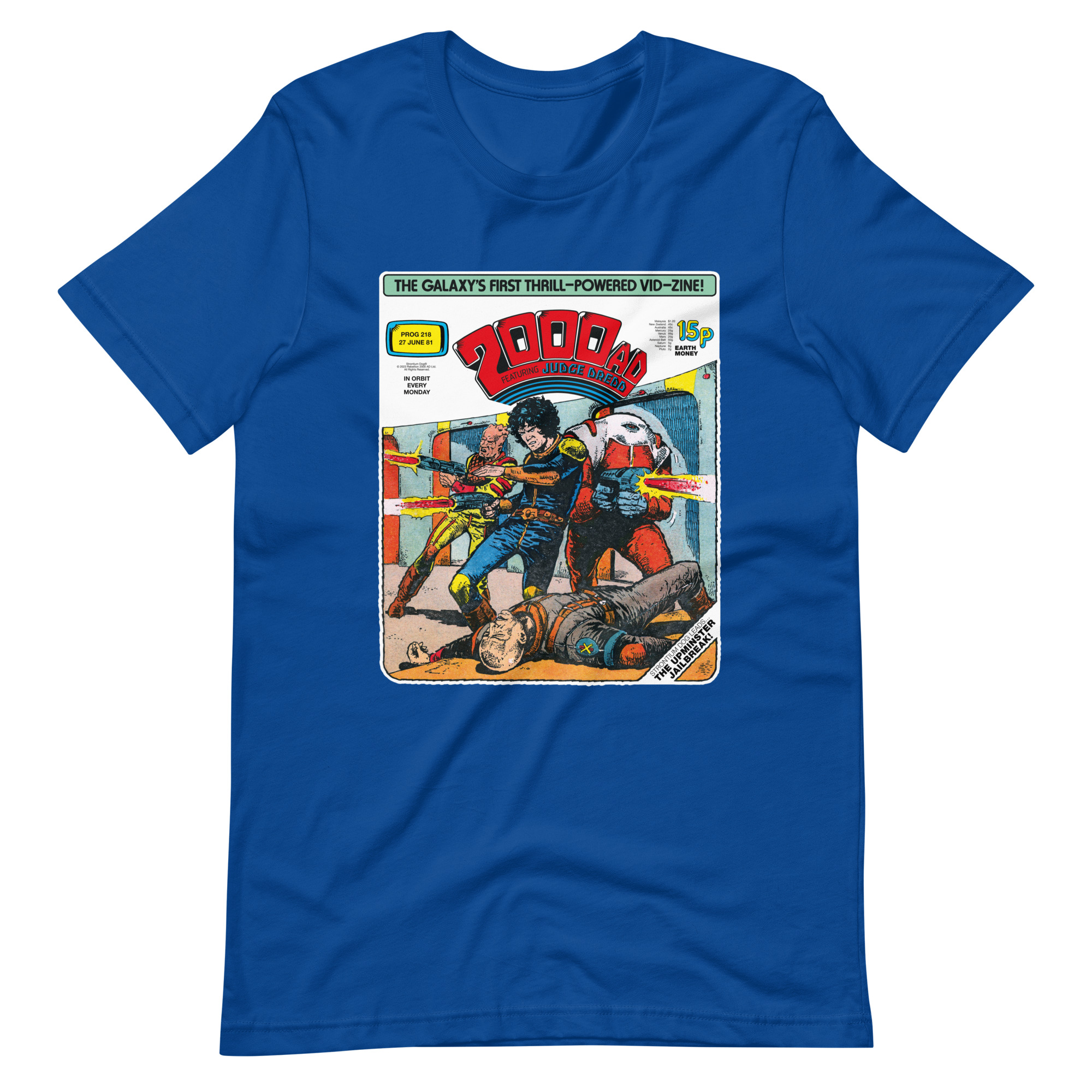 Blue Tshirt with an image on the chest. Image is cover of 2000 AD prog 218 and shows Strontium Dog and his allies, guns blazing