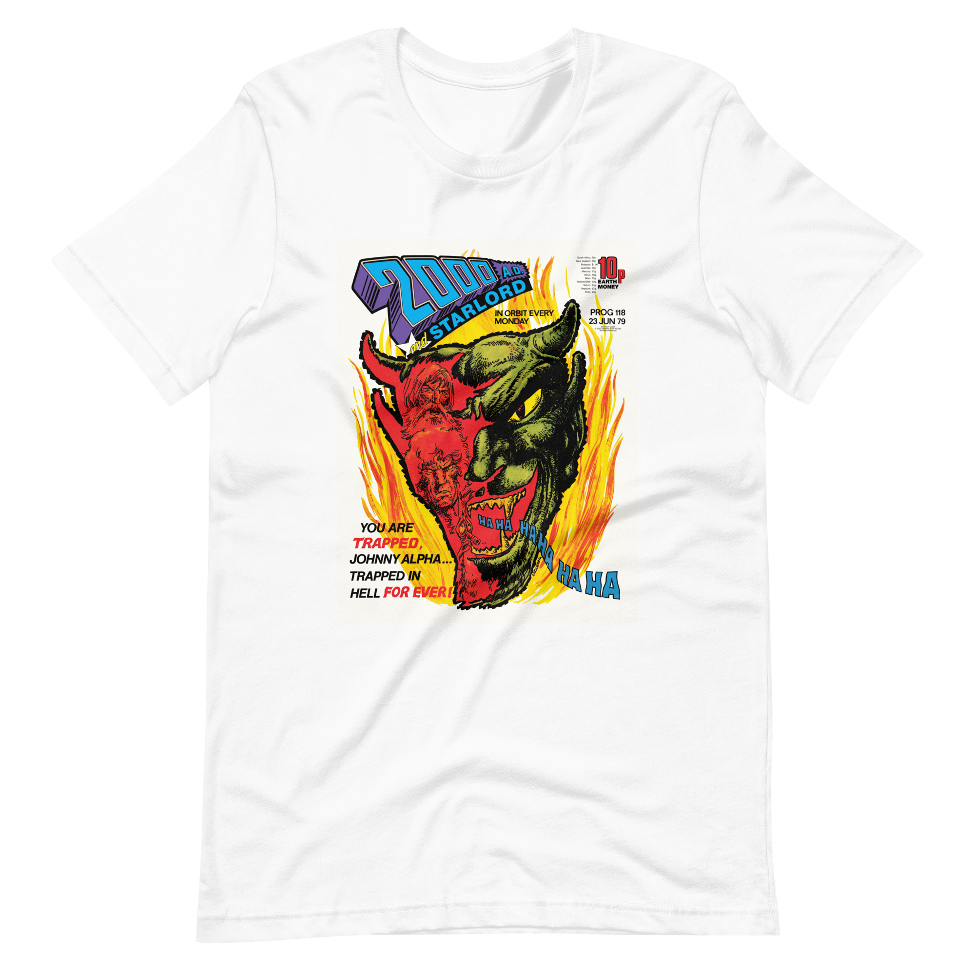 White Tshirt with an image on the chest. Image is cover of 2000 AD prog 118 and depicts a laughing Devil face in flames