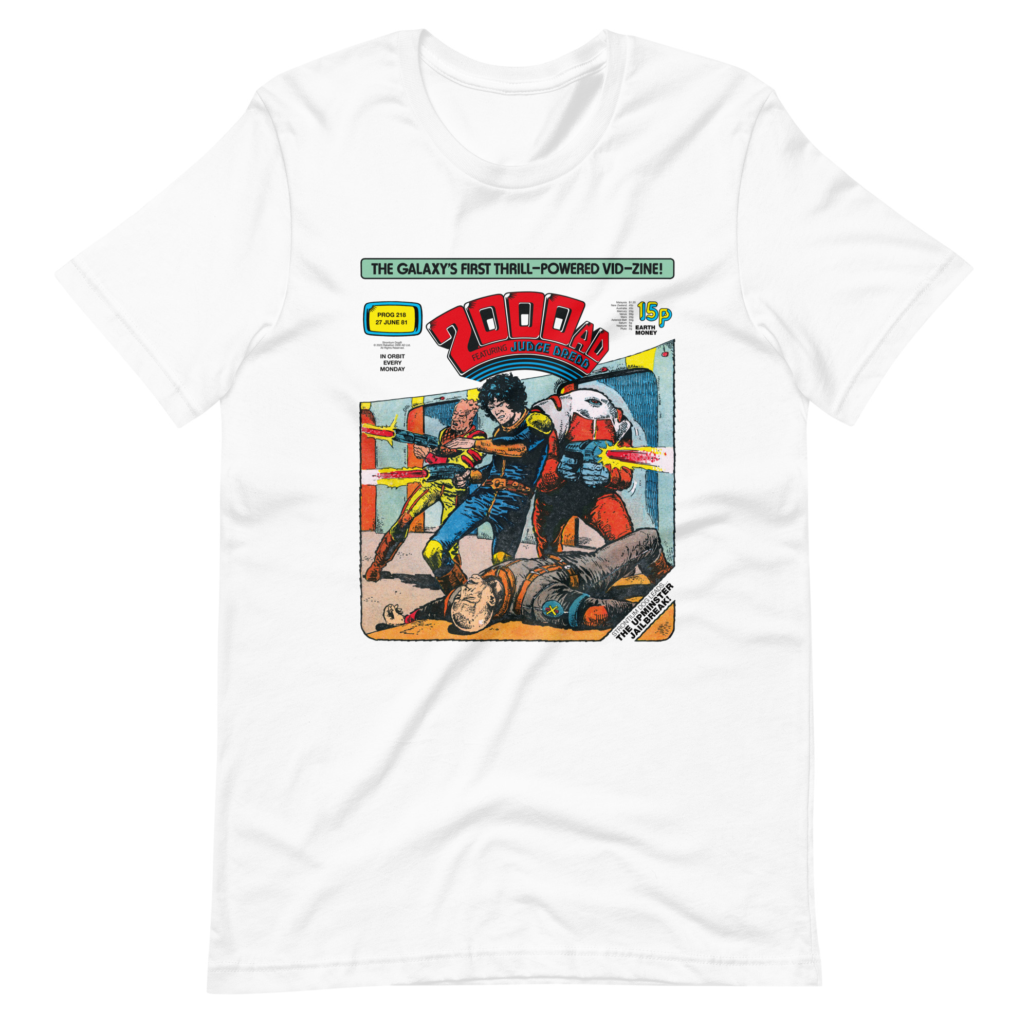 White Tshirt with an image on the chest. Image is cover of 2000 AD prog 218 and shows Strontium Dog and his allies, guns blazing