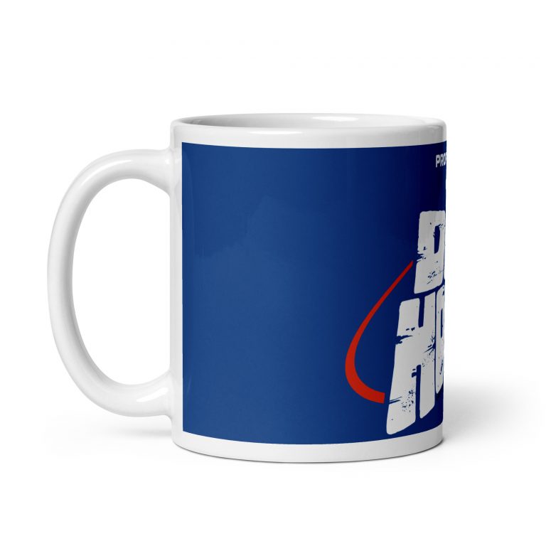 Side view of White mug with blue sleeve on which are the words 