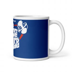 Side view of White mug with blue sleeve on which are the words 